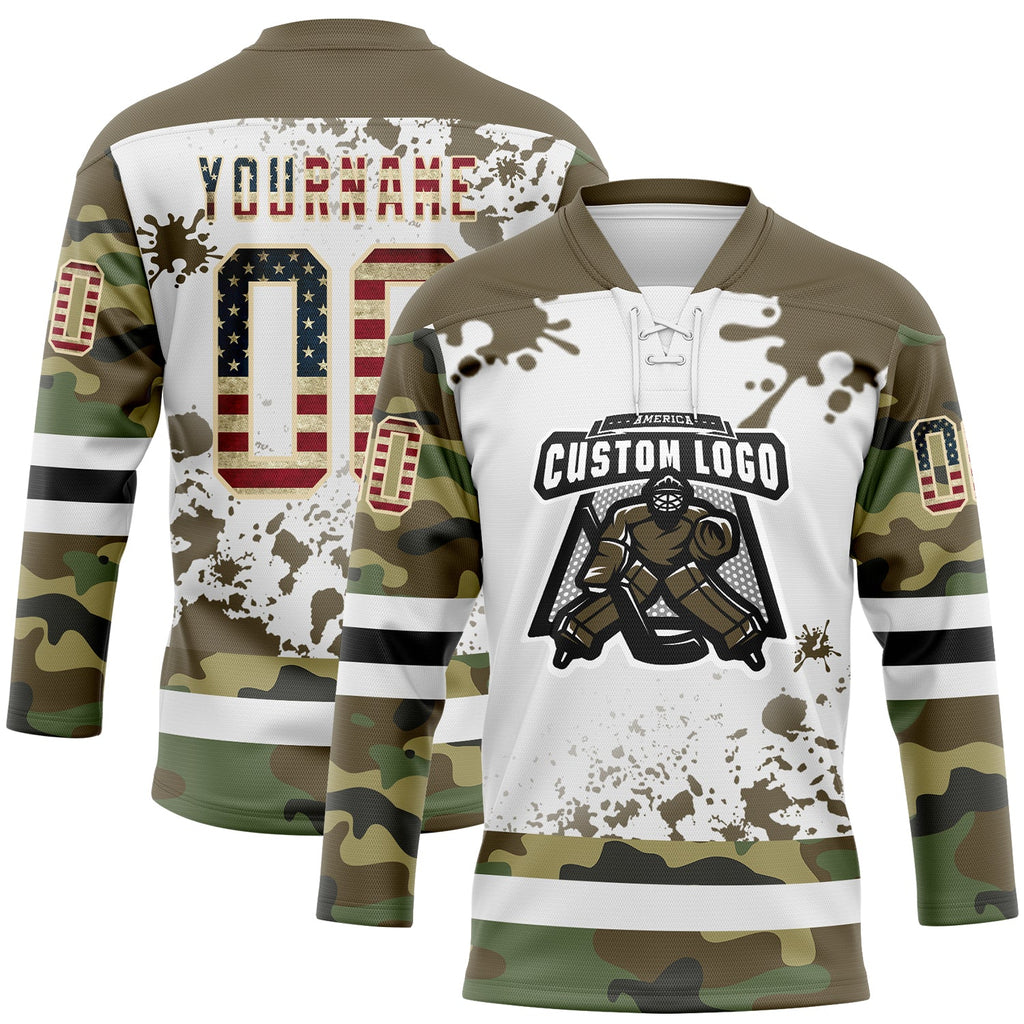 Custom Camo Vintage USA Flag Olive Black Cream-White Splash Hockey Lace Neck Jersey