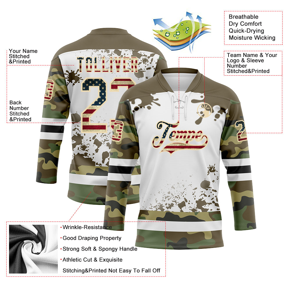 Custom Camo Vintage USA Flag Olive Black Cream-White Splash Hockey Lace Neck Jersey
