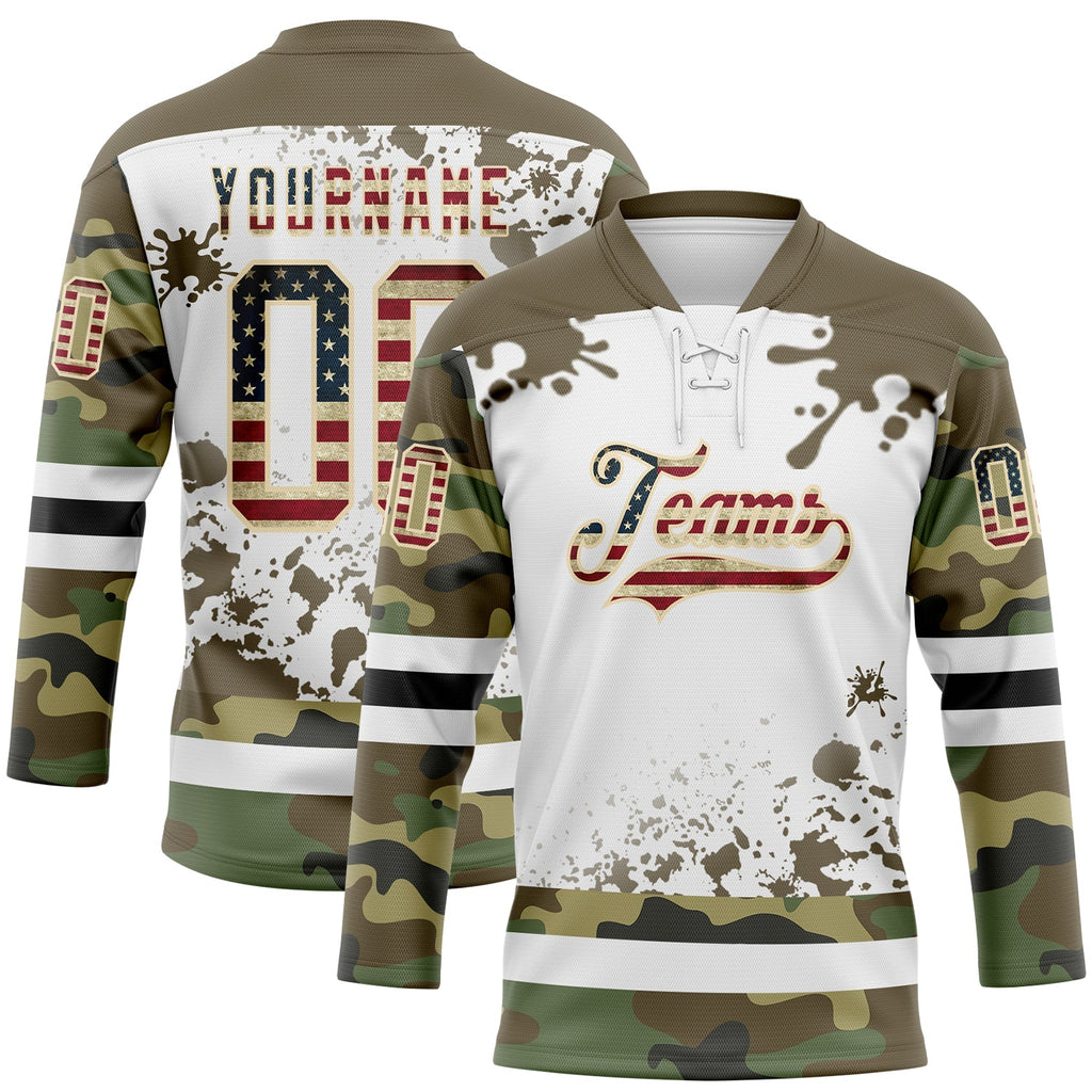 Custom Camo Vintage USA Flag Olive Black Cream-White Splash Hockey Lace Neck Jersey
