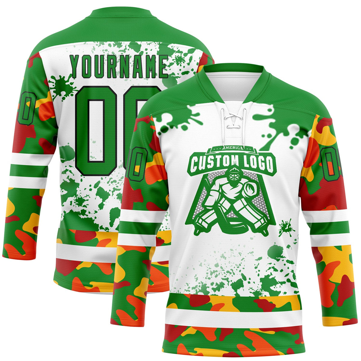 Custom Camo Grass Green Black-White Splash Hockey Lace Neck Jersey