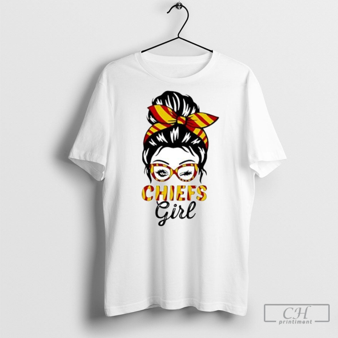 Chiefs Girl Winking Eye Messy Bun Leopard Print Football Shirt