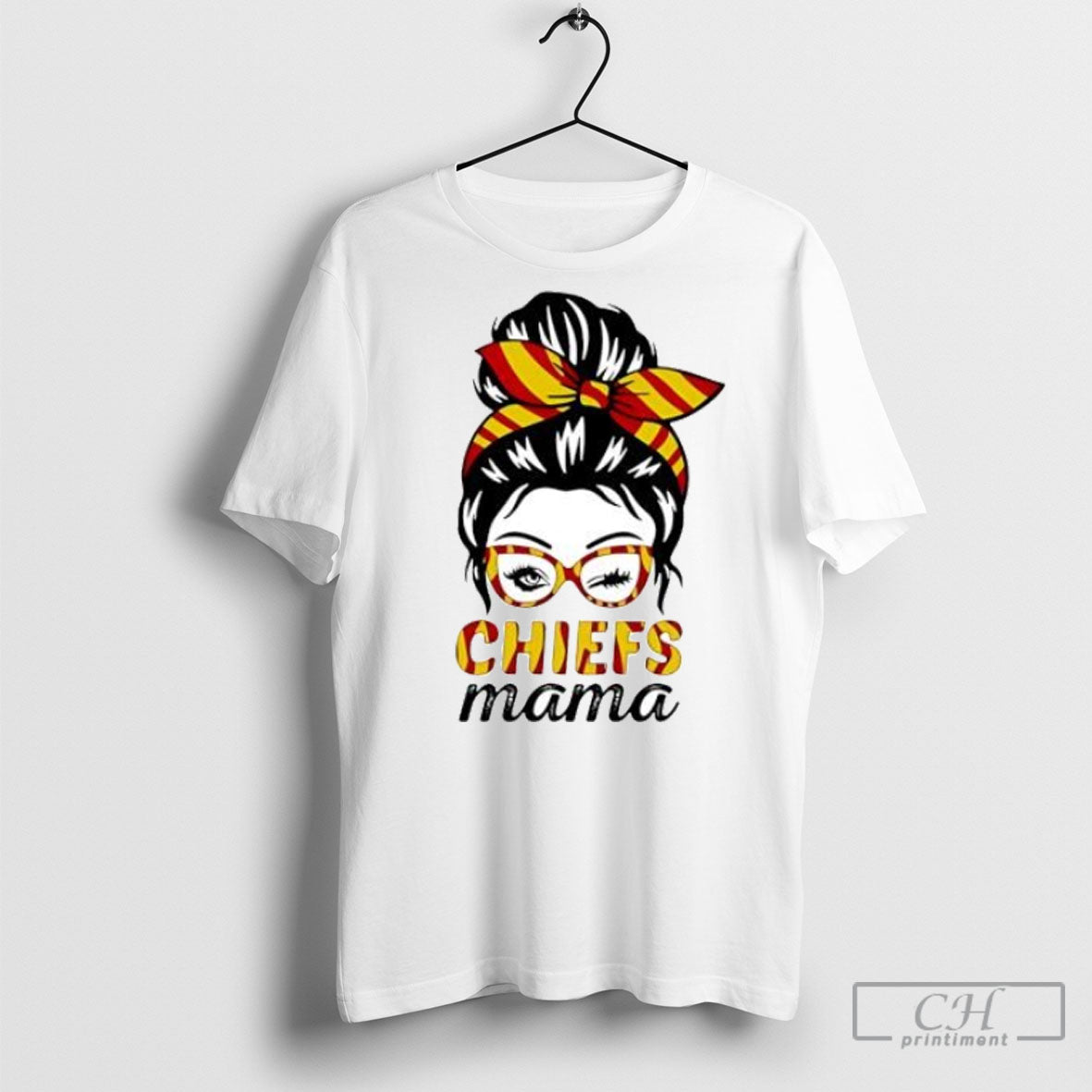 Chiefs Mama Winking Eye Messy Bun Leopard Print Football Posters White Shirt