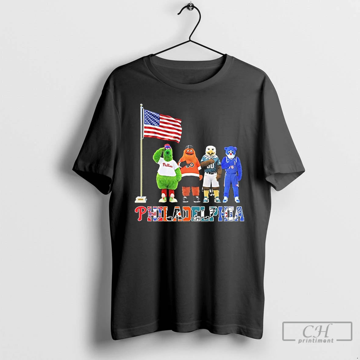 Classic Philadelphia City Sports Mascot Front Of An American Flag