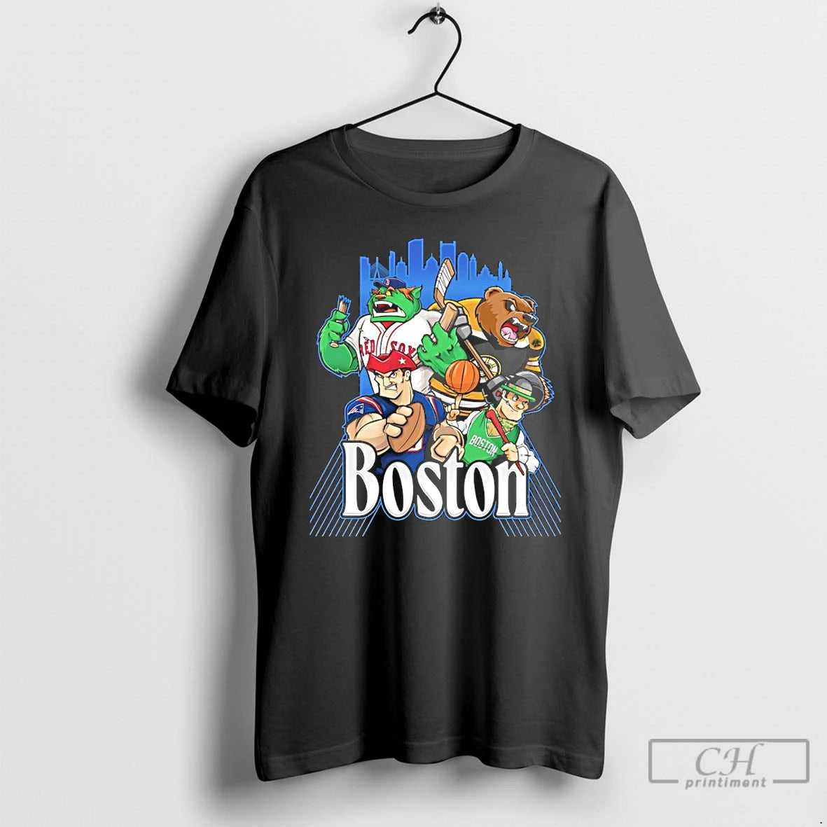 Classic Red Sox Bruins Patriots And Celtics Boston City Skyline Mascot
