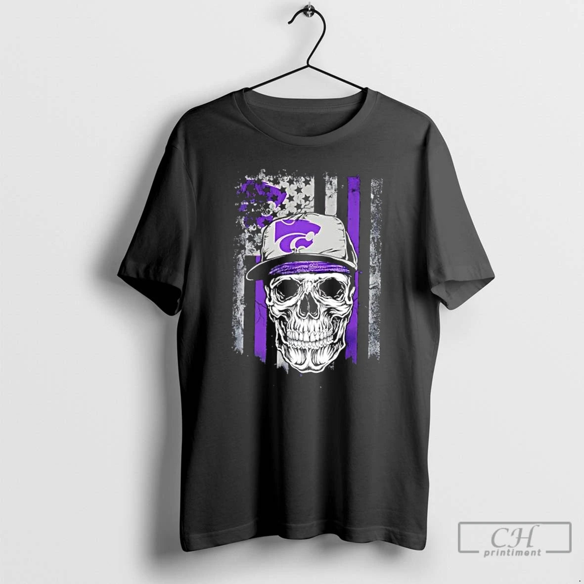 Classic Skull Wearing A Cap Kansas State Wildcats Us Flag