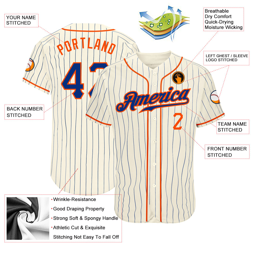 Custom Cream Royal Pinstripe Royal-Orange Authentic Baseball Jersey