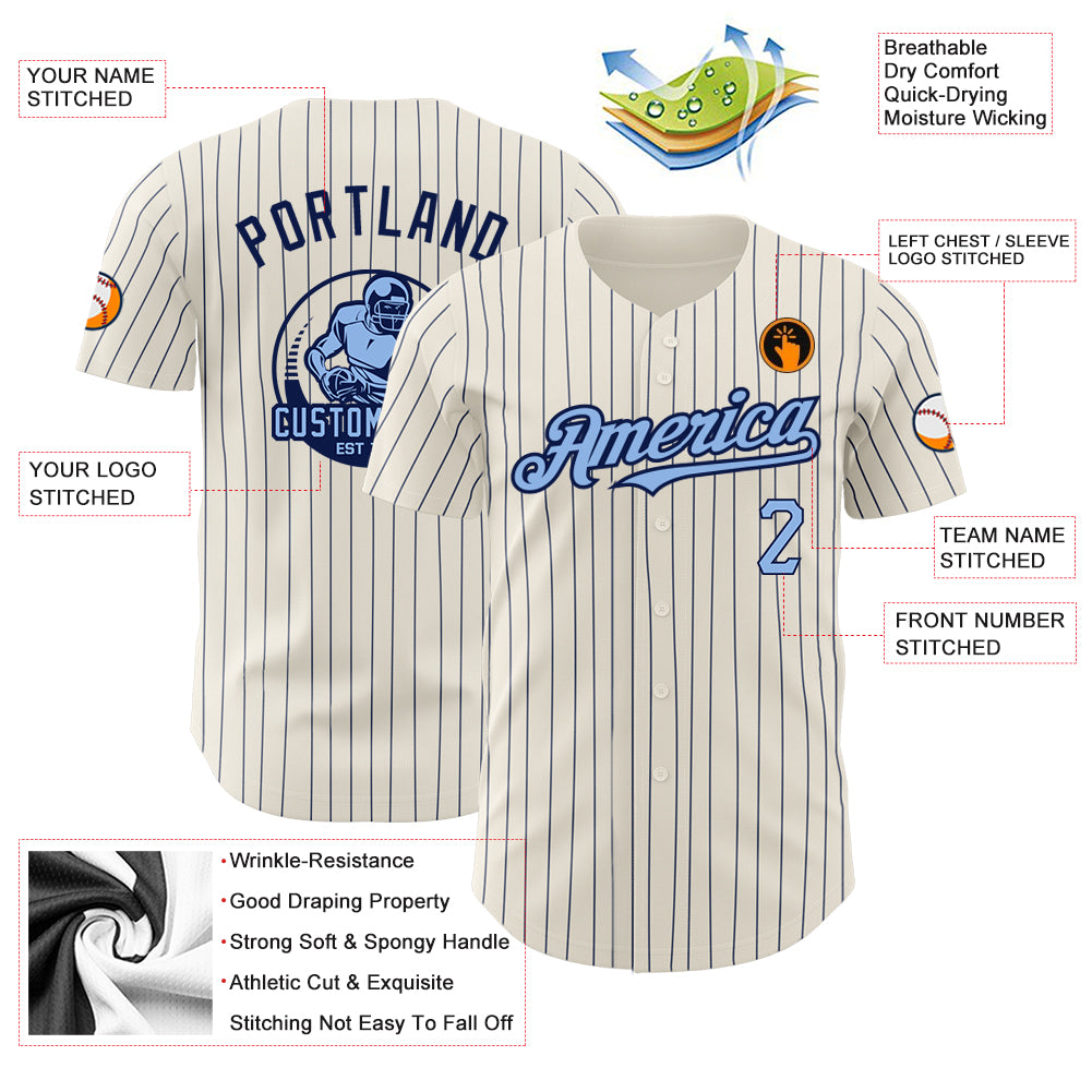 Custom Cream Navy Pinstripe Light Blue Authentic Baseball Jersey