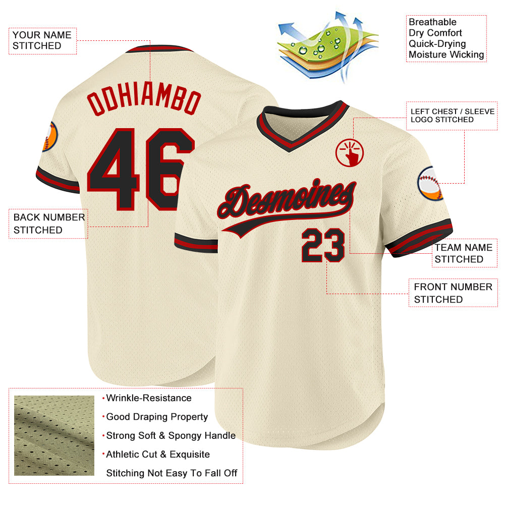 Custom Cream Black-Red Authentic Throwback Baseball Jersey