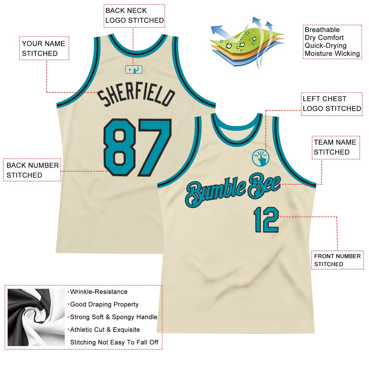 Custom Cream Teal-Black Authentic Throwback Basketball Jersey