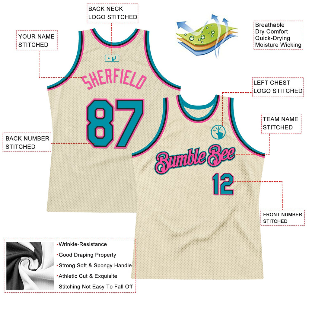 Custom Cream Teal Black-Pink Authentic Throwback Basketball Jersey