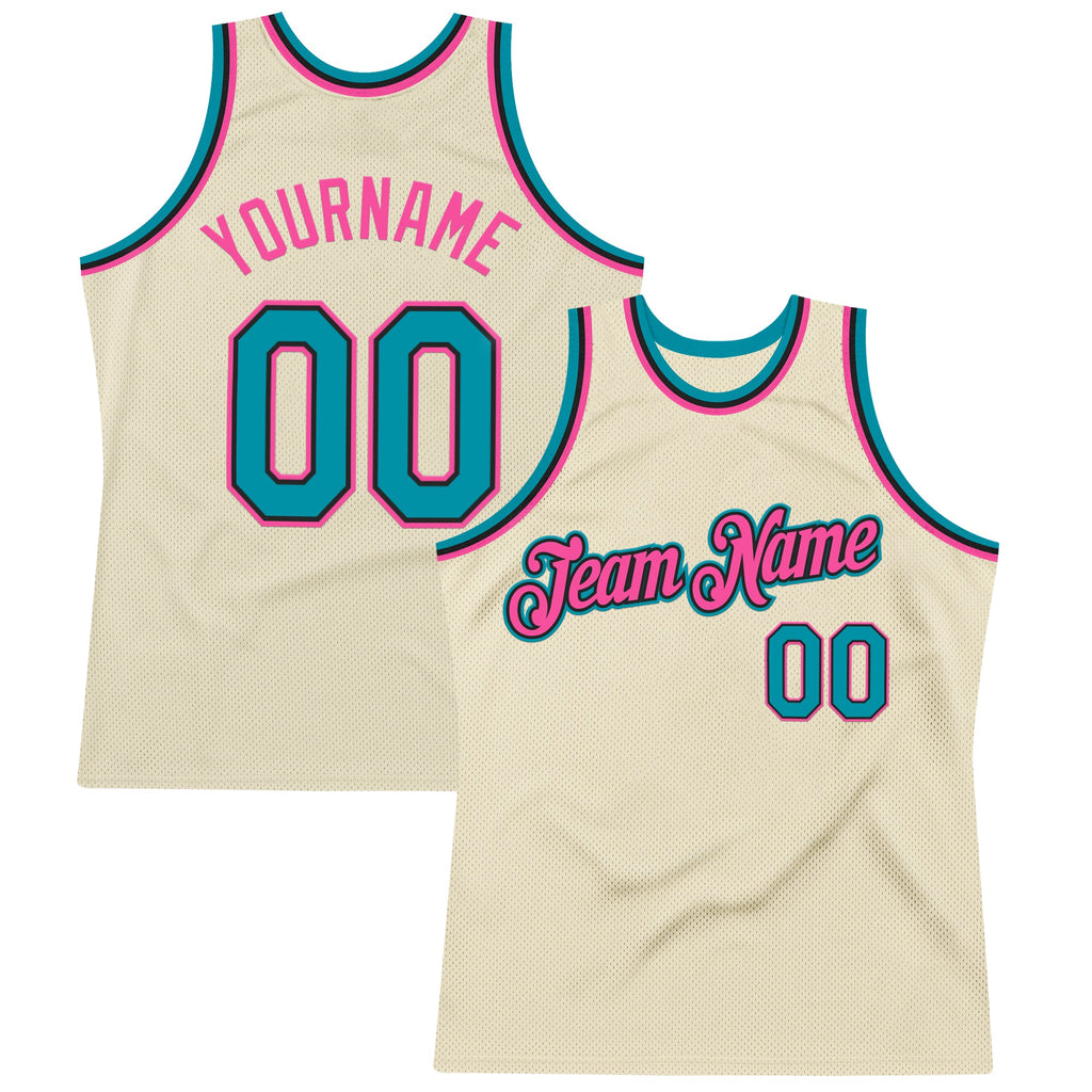 Custom Cream Teal Black-Pink Authentic Throwback Basketball Jersey