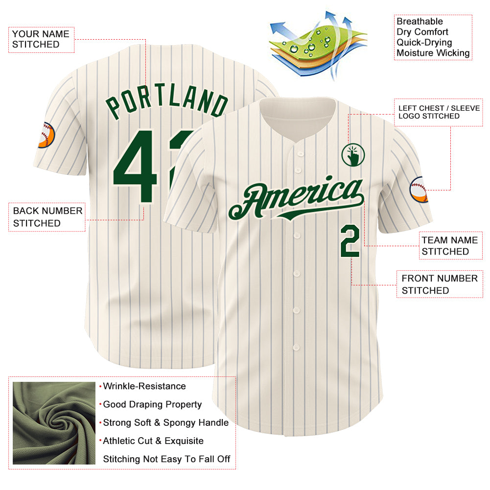 Custom Cream Gray Pinstripe Green Authentic Baseball Jersey
