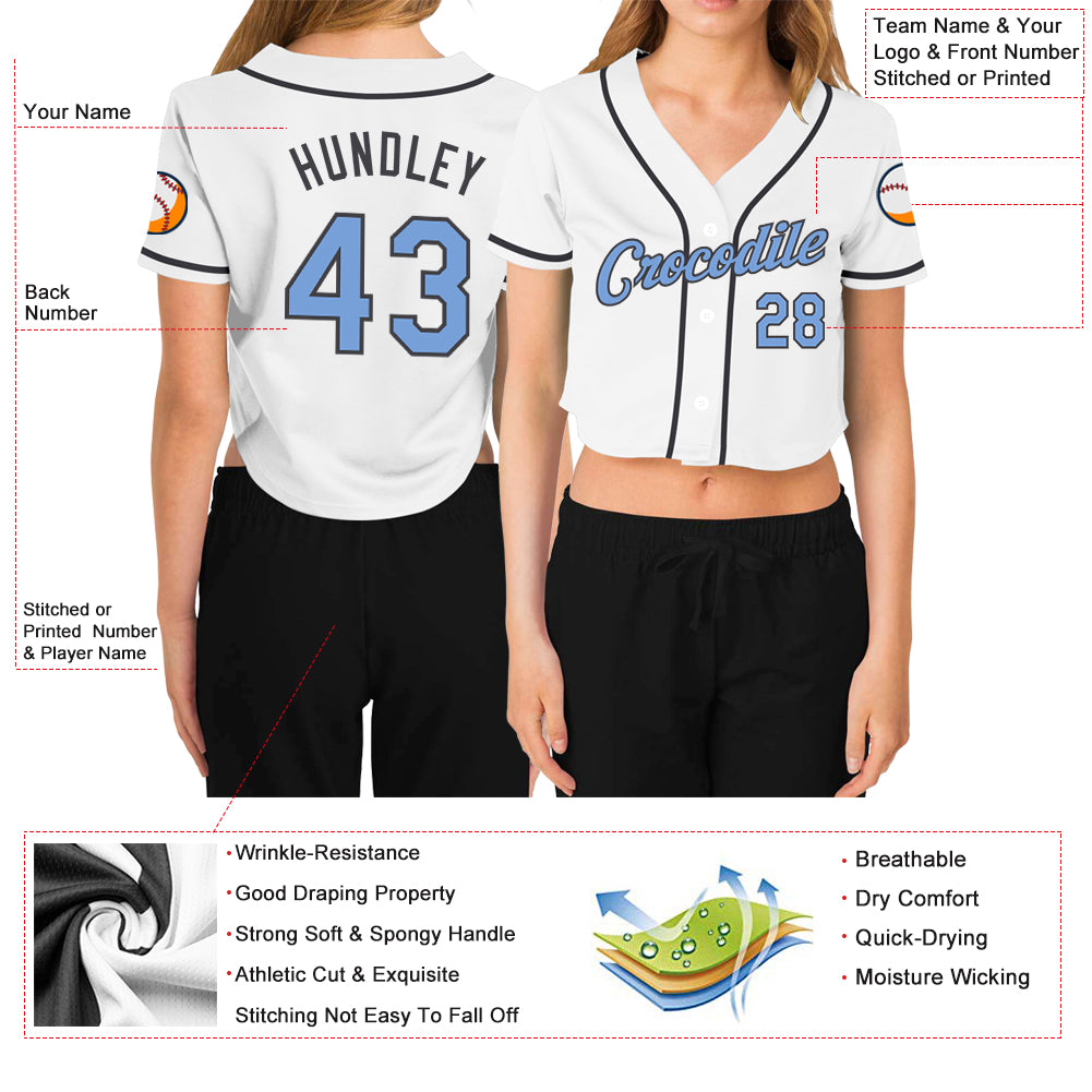 Custom Women's White Light Blue-Steel Gray V-Neck Cropped Baseball Jersey