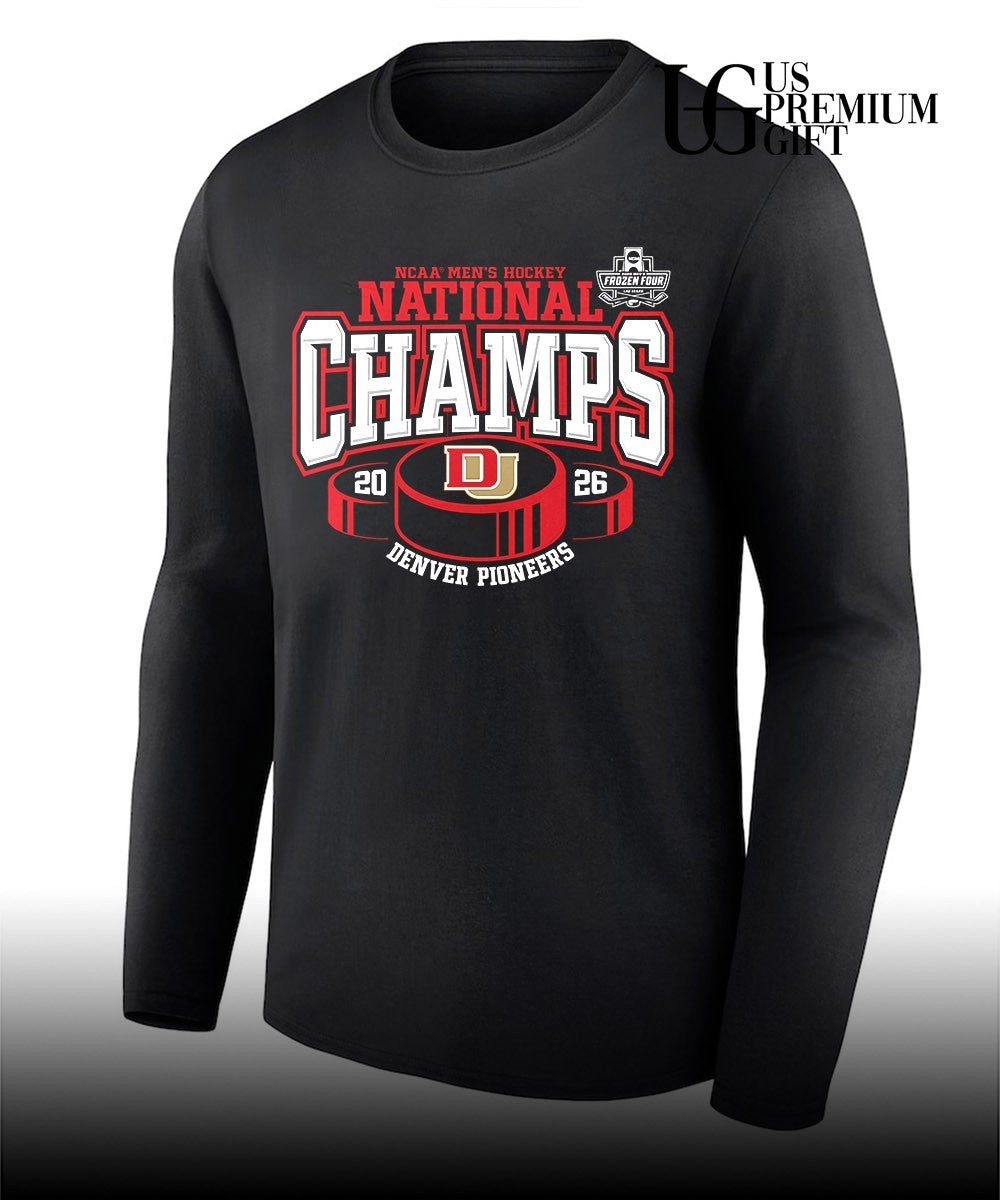 Denver Pioneers 2026 NCAA Frozen Four Men’s Ice Hockey National Champions hockey puck T-shirt