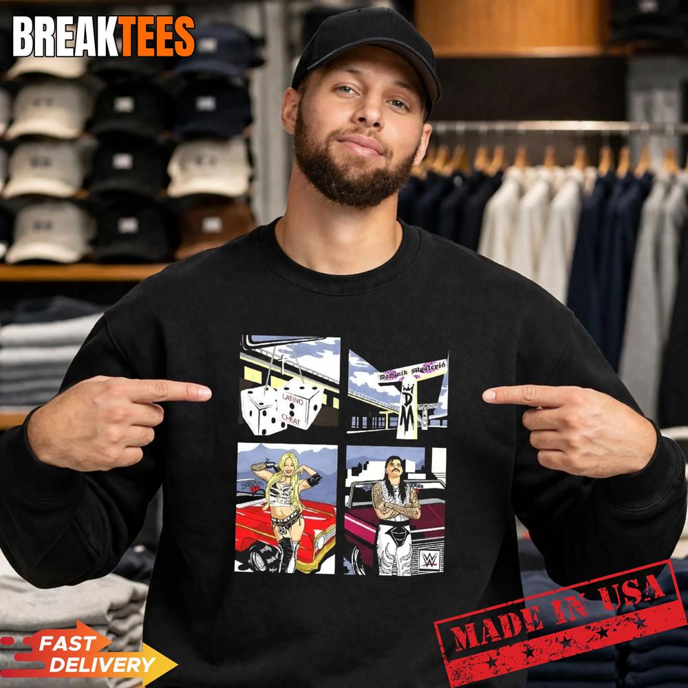 Dominik Mysterio and Liv Morgan WWE ripple junction 00s illustration graphic t-shirt