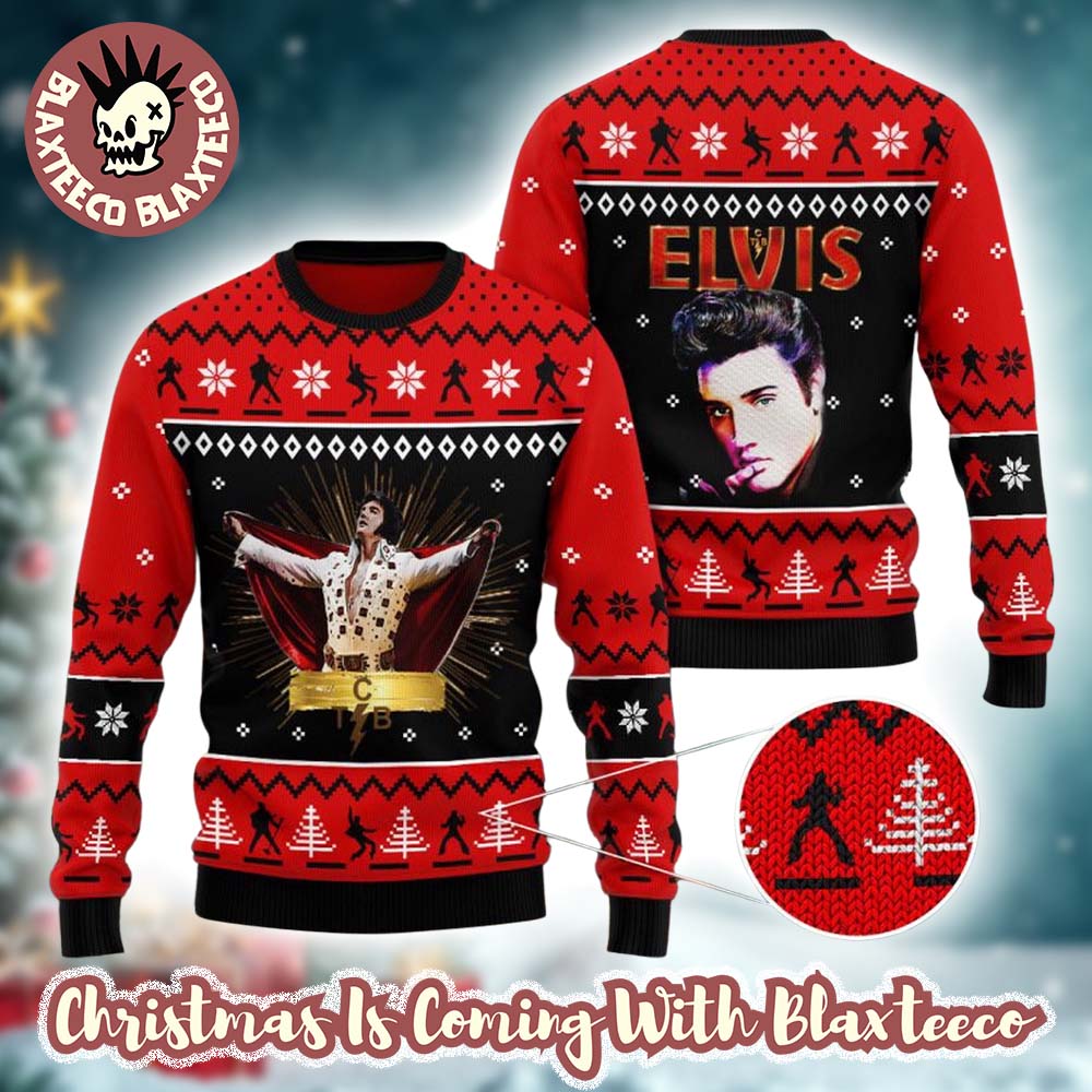 Elvis Presley Signature Gift For Rock Fans Lover Knitted Black And Red Ugly Christmas Sweater