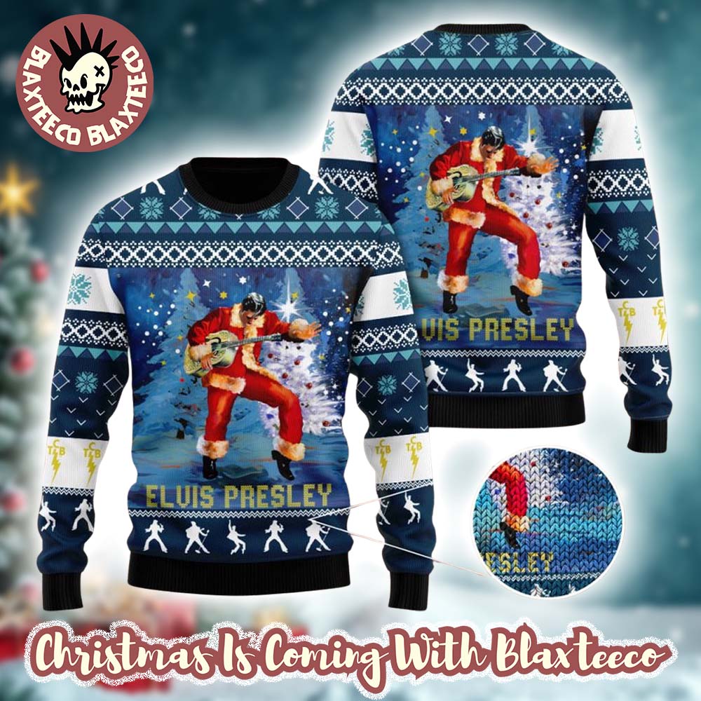 Elvis Presley With Santa Claus Costume Playing Guitar Gift For Fans Ugly Christmas Sweater
