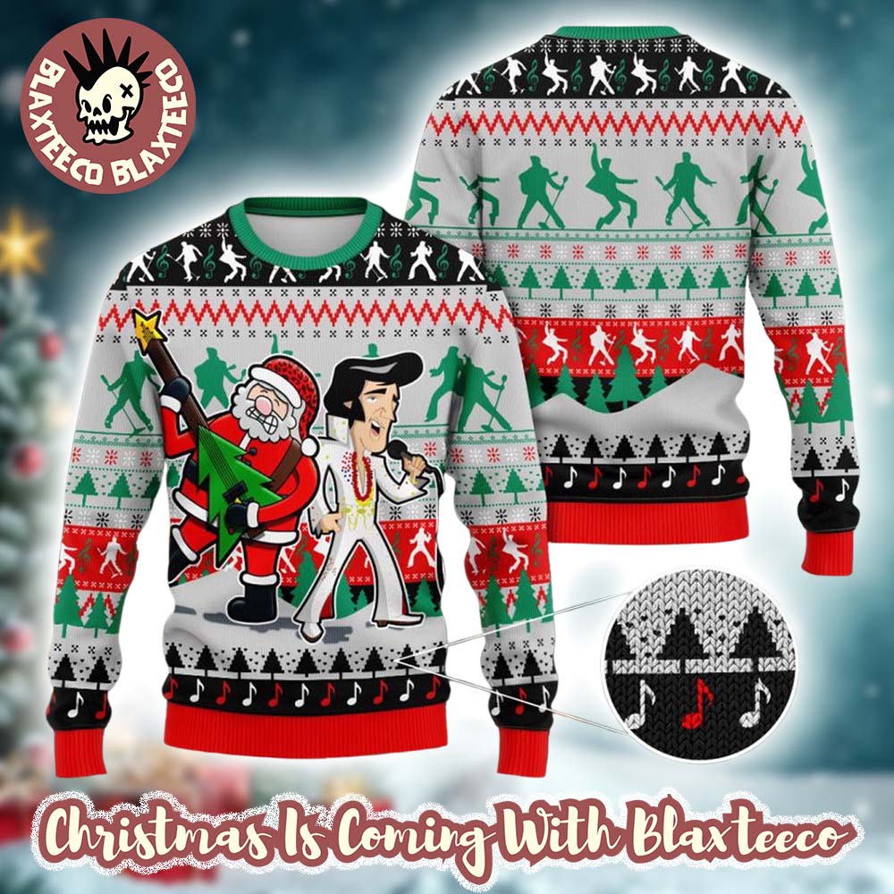Elvis Presley With Santa Claus Singing Funny Ugly Christmas Sweater
