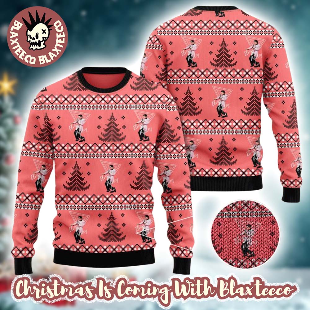 Elvis Presley With Xmas Tree Pattern Cute Pink Ugly Christmas Sweater