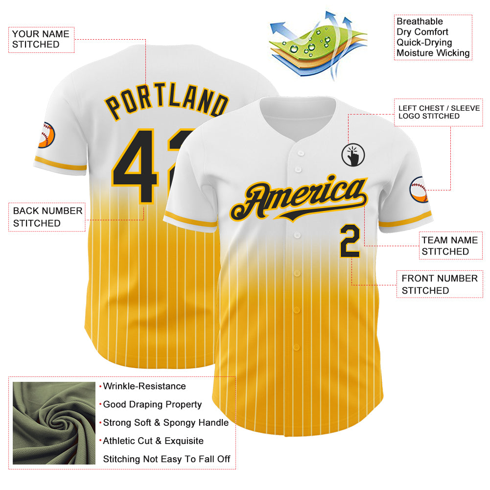 Custom White Pinstripe Black-Gold Authentic Fade Fashion Baseball Jersey