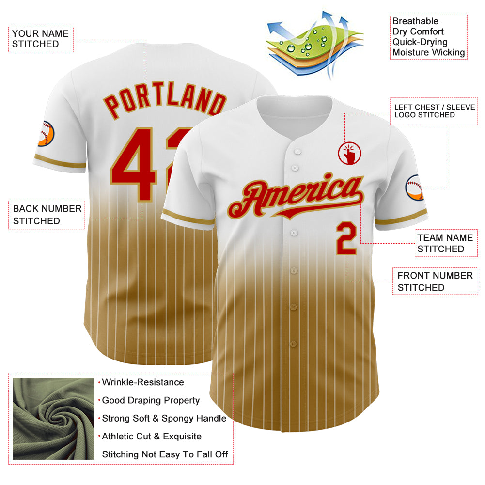 Custom White Pinstripe Red-Old Gold Authentic Fade Fashion Baseball Jersey