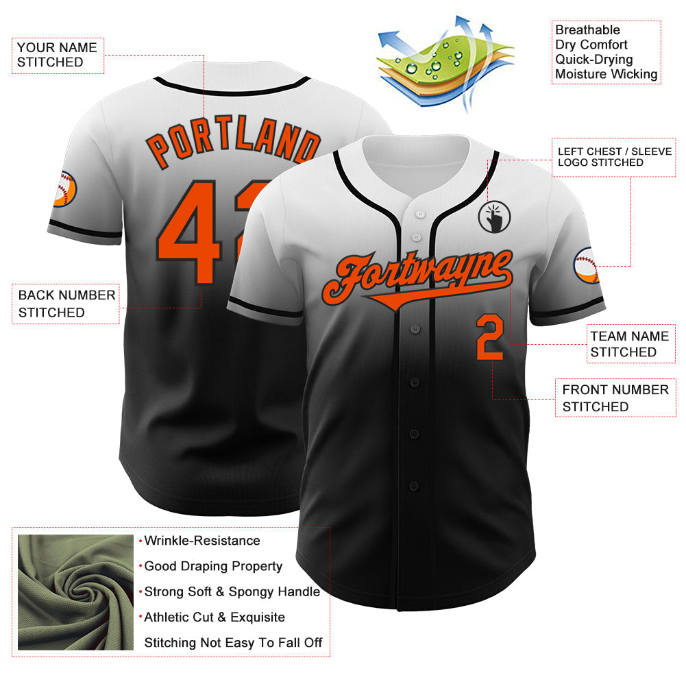 Custom White Orange-Black Authentic Fade Fashion Baseball Jersey