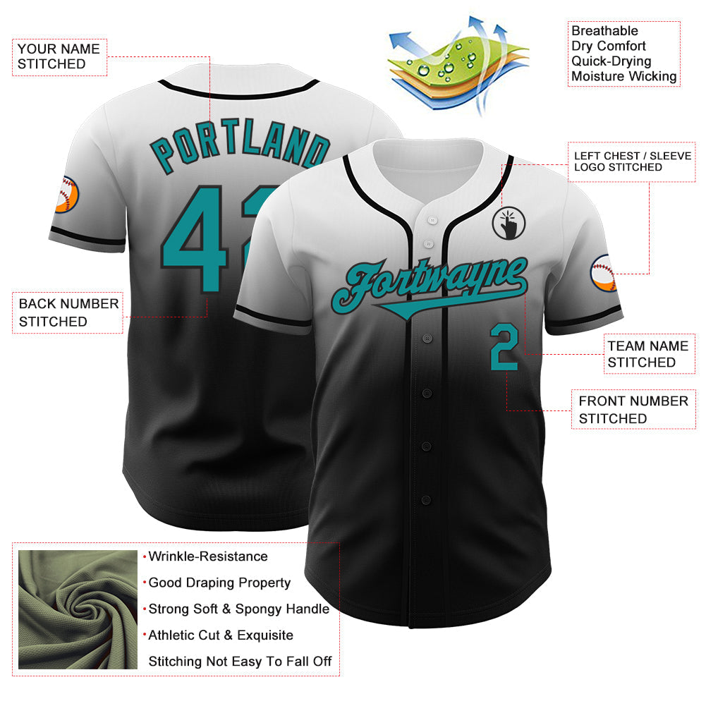 Custom White Teal-Black Authentic Fade Fashion Baseball Jersey