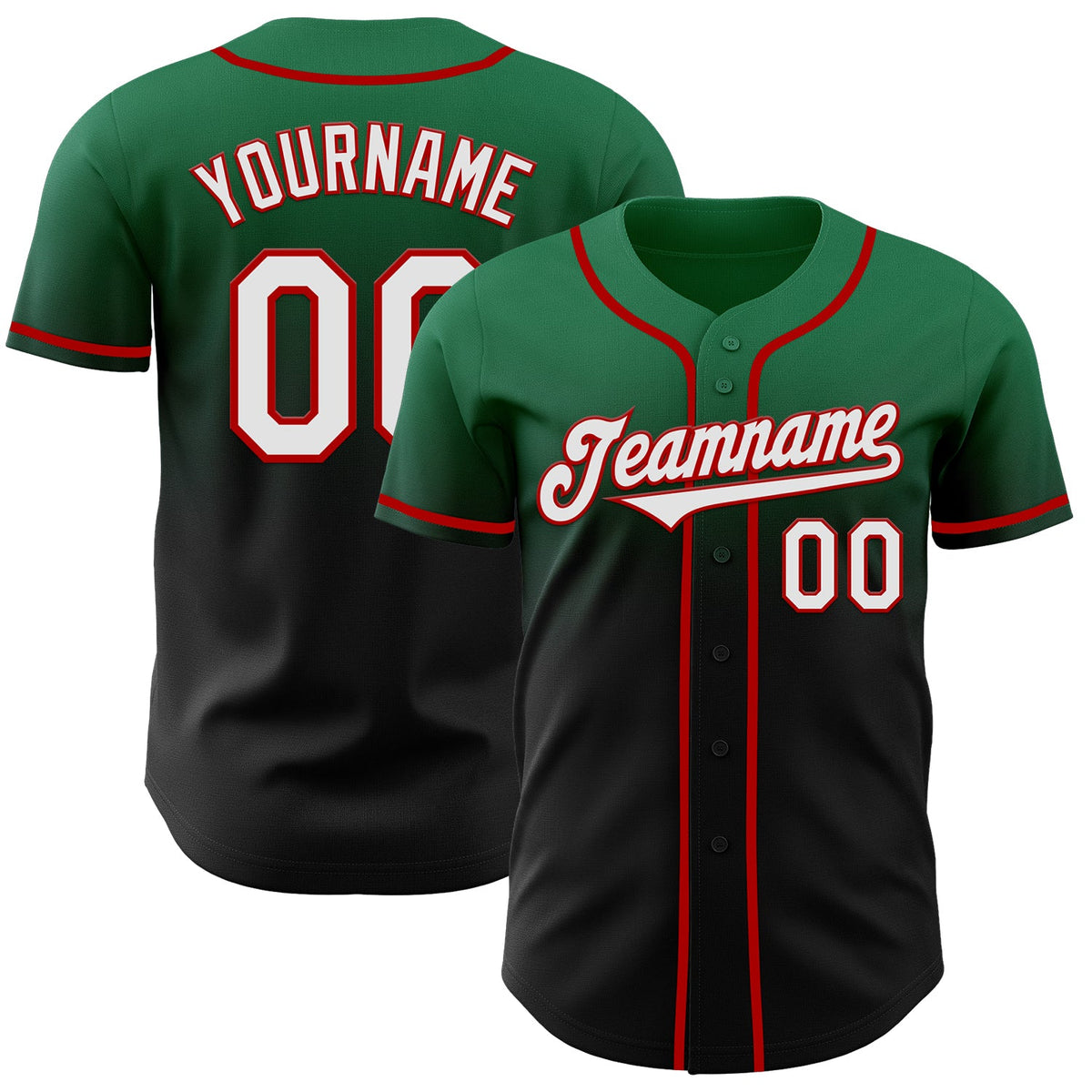 Custom Kelly Green Black-Red Authentic Fade Fashion Baseball Jersey