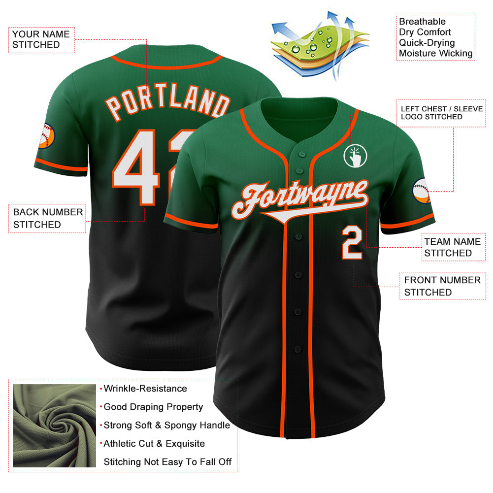 Custom Kelly Green Black-Orange Authentic Fade Fashion Baseball Jersey