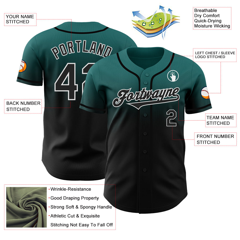 Custom Teal Black-White Authentic Fade Fashion Baseball Jersey