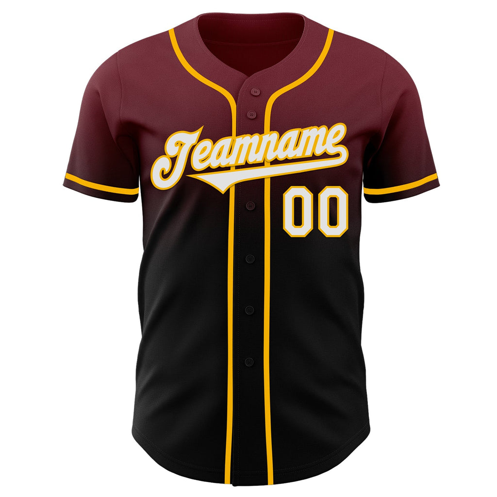 Custom Burgundy Black-Gold Authentic Fade Fashion Baseball Jersey