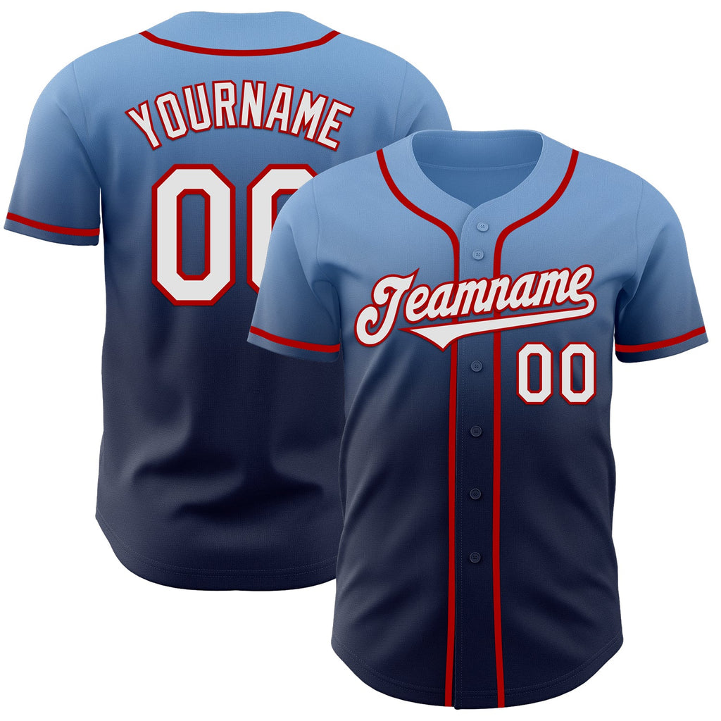 Custom Light Blue Navy-Red Authentic Fade Fashion Baseball Jersey