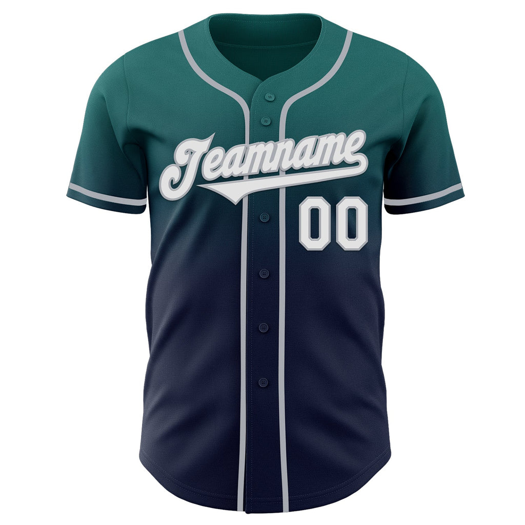 Custom Teal Navy-Gray Authentic Fade Fashion Baseball Jersey