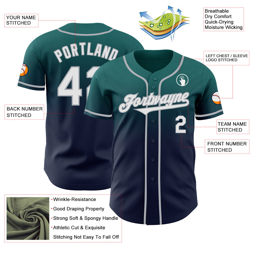 Custom Teal Navy-Gray Authentic Fade Fashion Baseball Jersey
