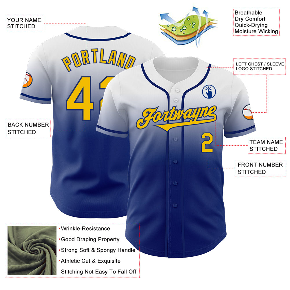 Custom White Yellow-Royal Authentic Fade Fashion Baseball Jersey