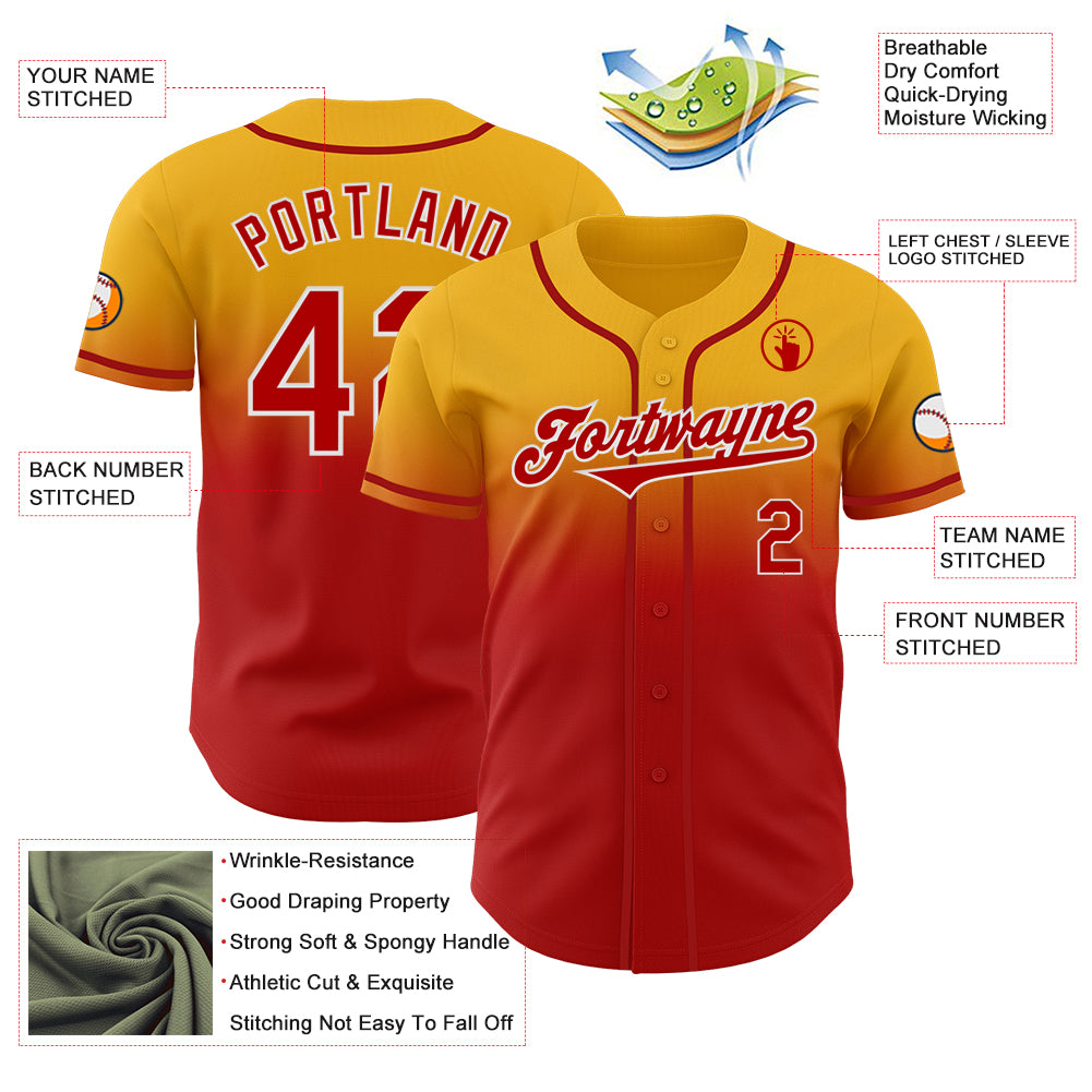 Custom Gold Red-White Authentic Fade Fashion Baseball Jersey