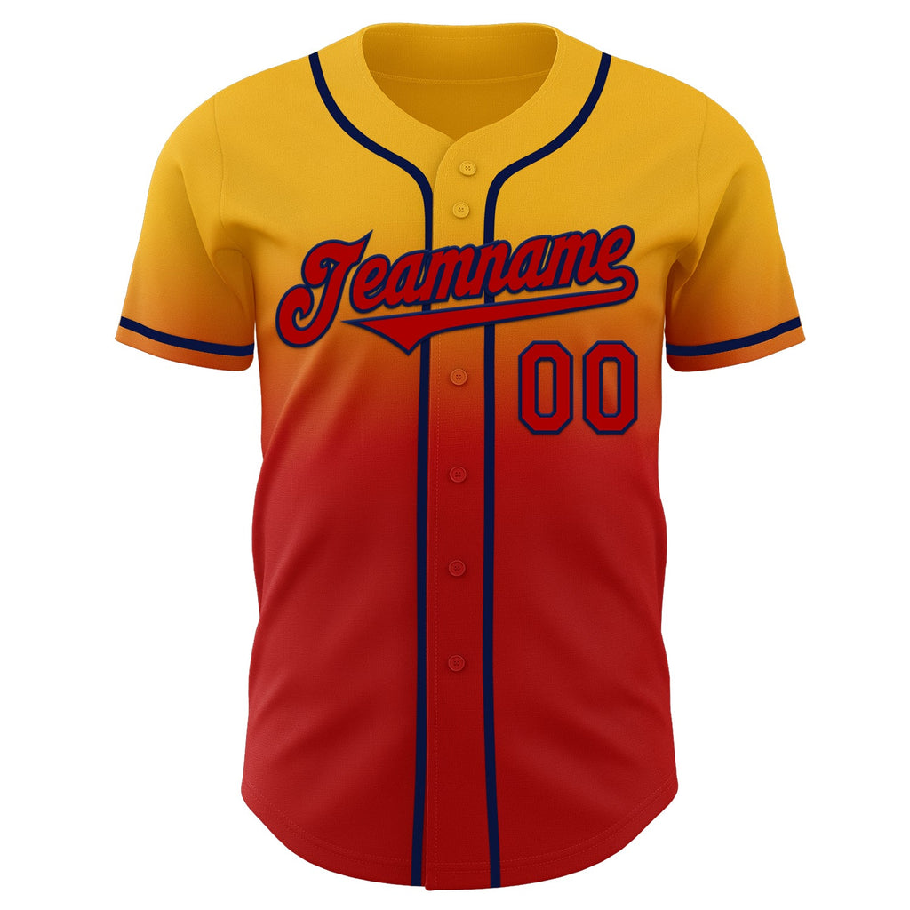 Custom Gold Red-Navy Authentic Fade Fashion Baseball Jersey