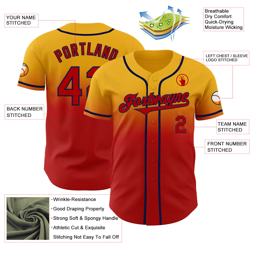 Custom Gold Red-Navy Authentic Fade Fashion Baseball Jersey