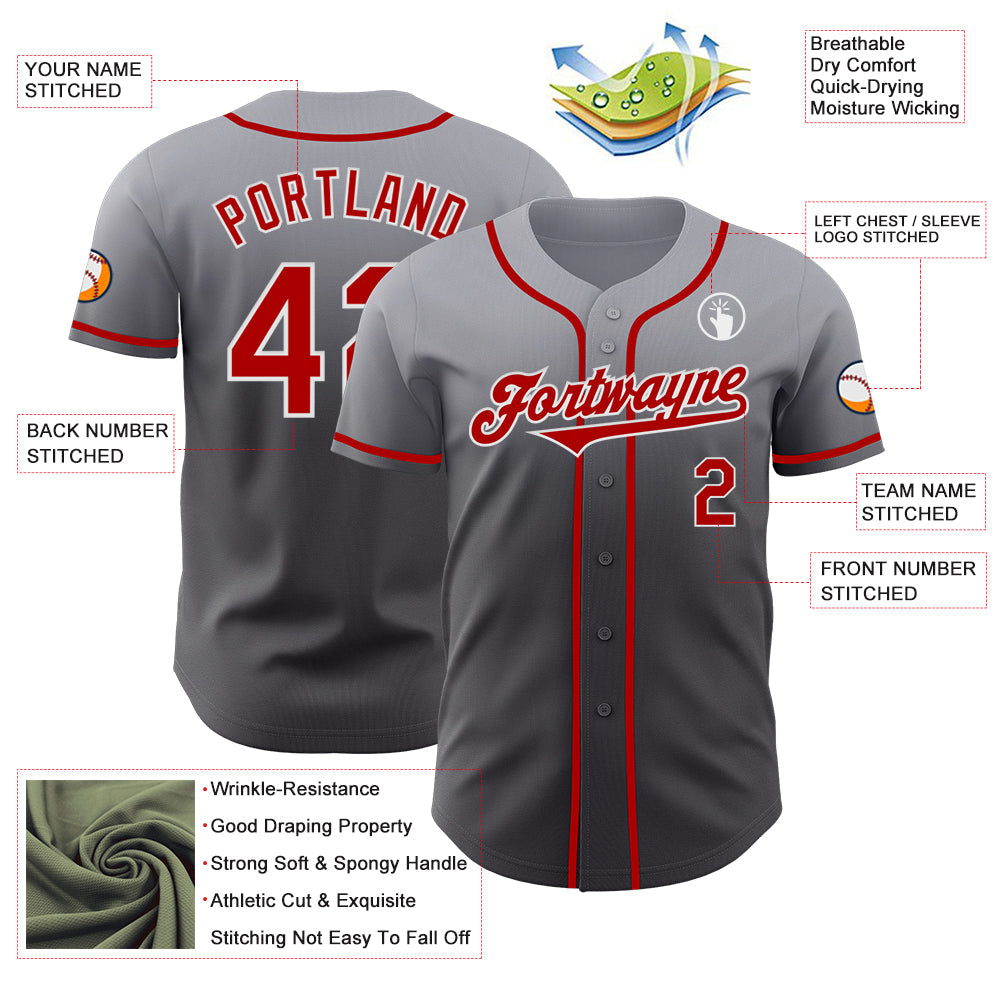 Custom Gray Red Steel Gray-White Authentic Fade Fashion Baseball Jersey