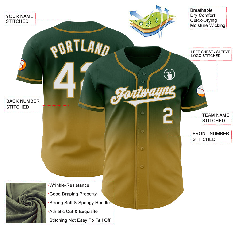 Custom Green White-Old Gold Authentic Fade Fashion Baseball Jersey