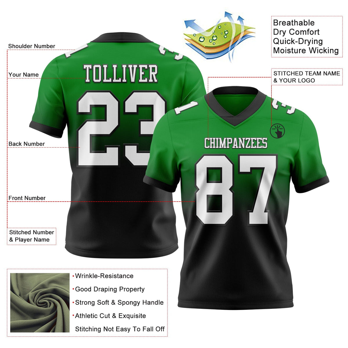 Custom Grass Green White-Black Authentic Fade Fashion Football Jersey