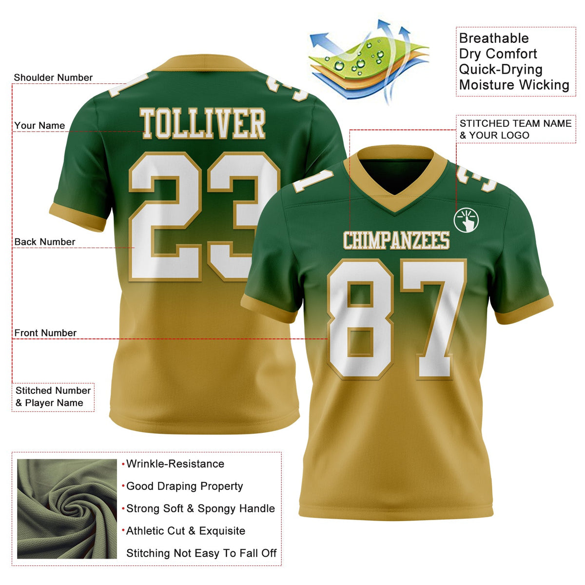 Custom Green White-Old Gold Authentic Fade Fashion Football Jersey