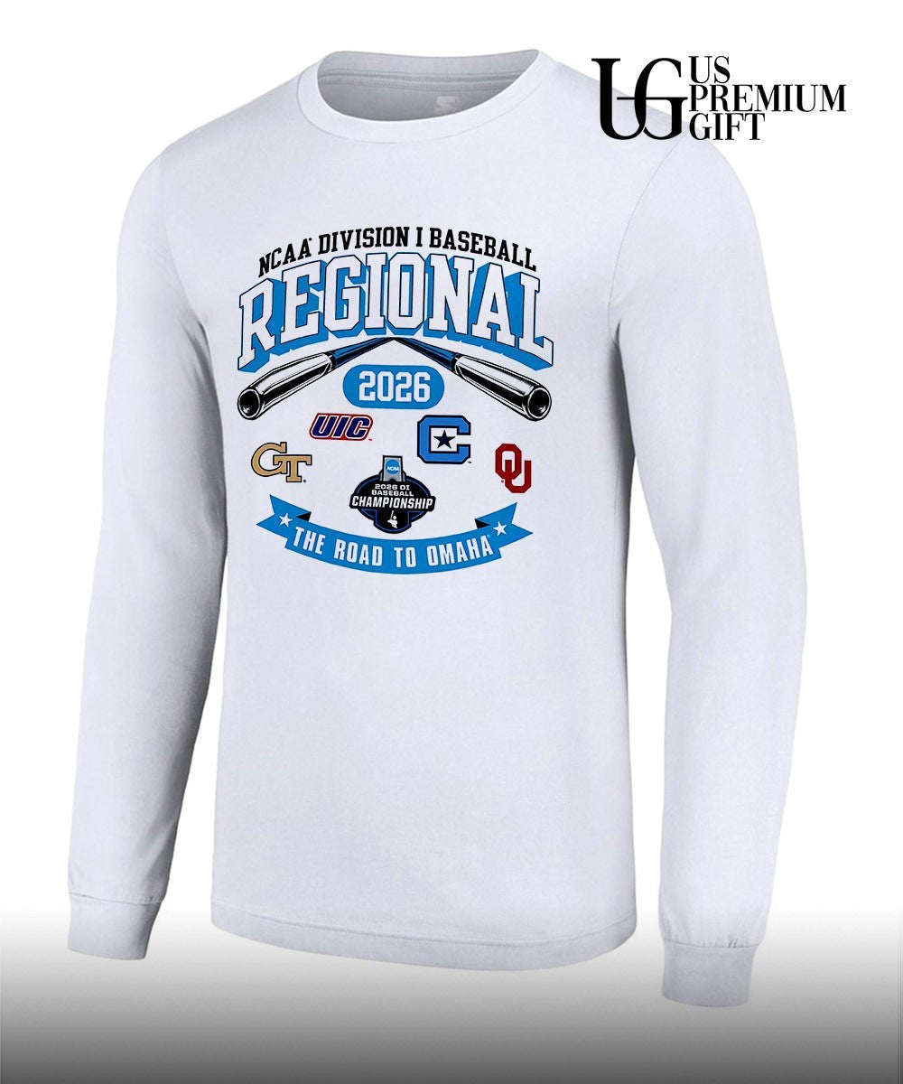 Georgia Tech Yellow Jackets and UIC Flames and Citadel Bulldogs and Oklahoma Sooners Baseball Regional Division I NCAA 2026 The Road to Omaha shirt