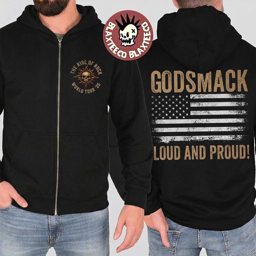 Godsmack The Rise Of Rock World Tour 2026 Merch North America Loud And Proud Zip Up Hoodie
