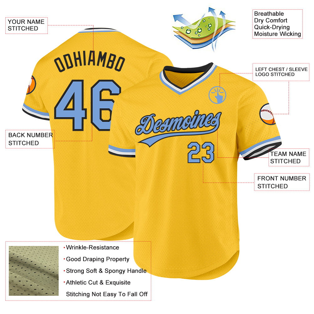 Custom Gold Light Blue-Black Authentic Throwback Baseball Jersey