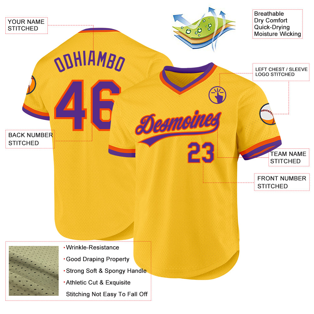 Custom Gold Purple-Orange Authentic Throwback Baseball Jersey