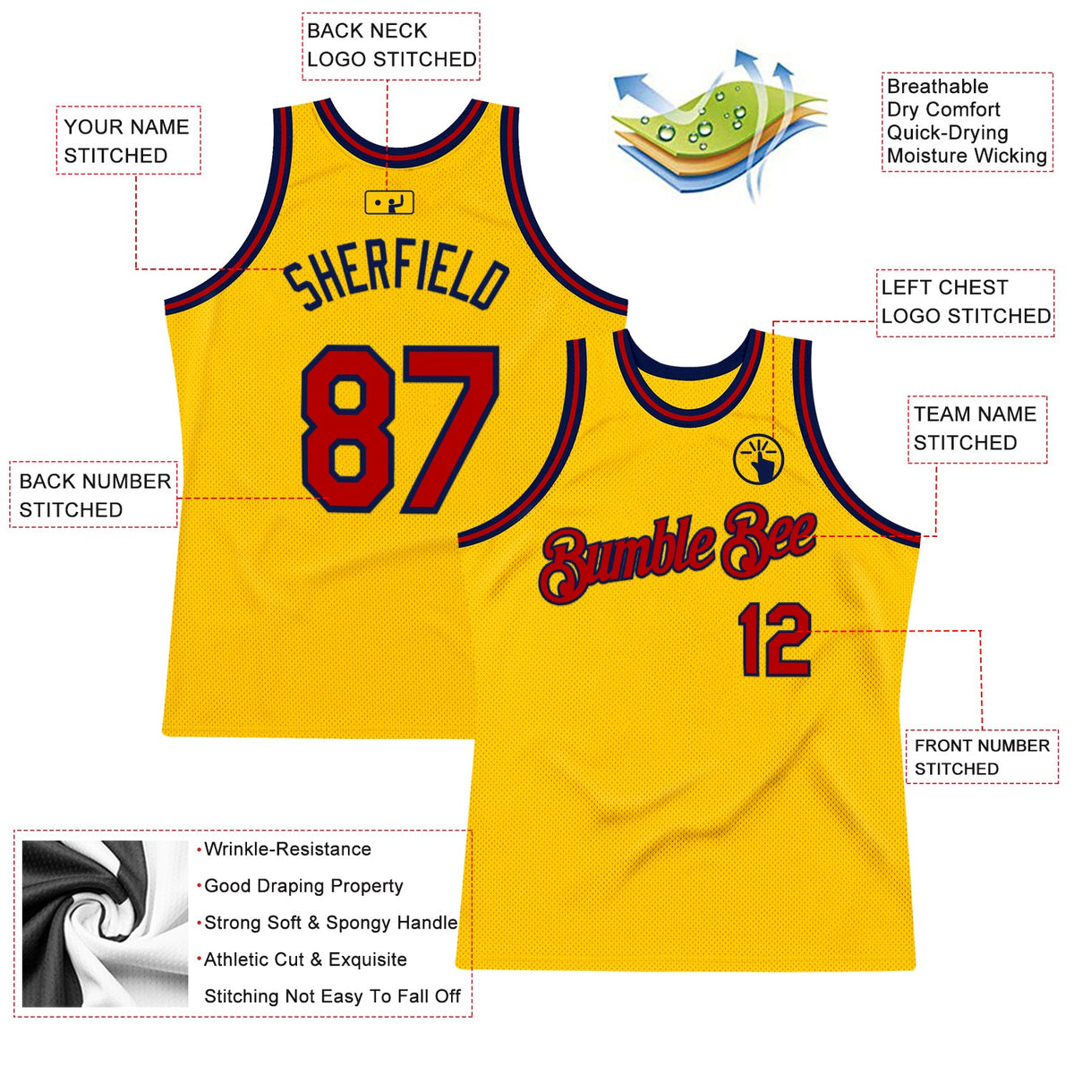 Custom Gold Red-Navy Authentic Throwback Basketball Jersey