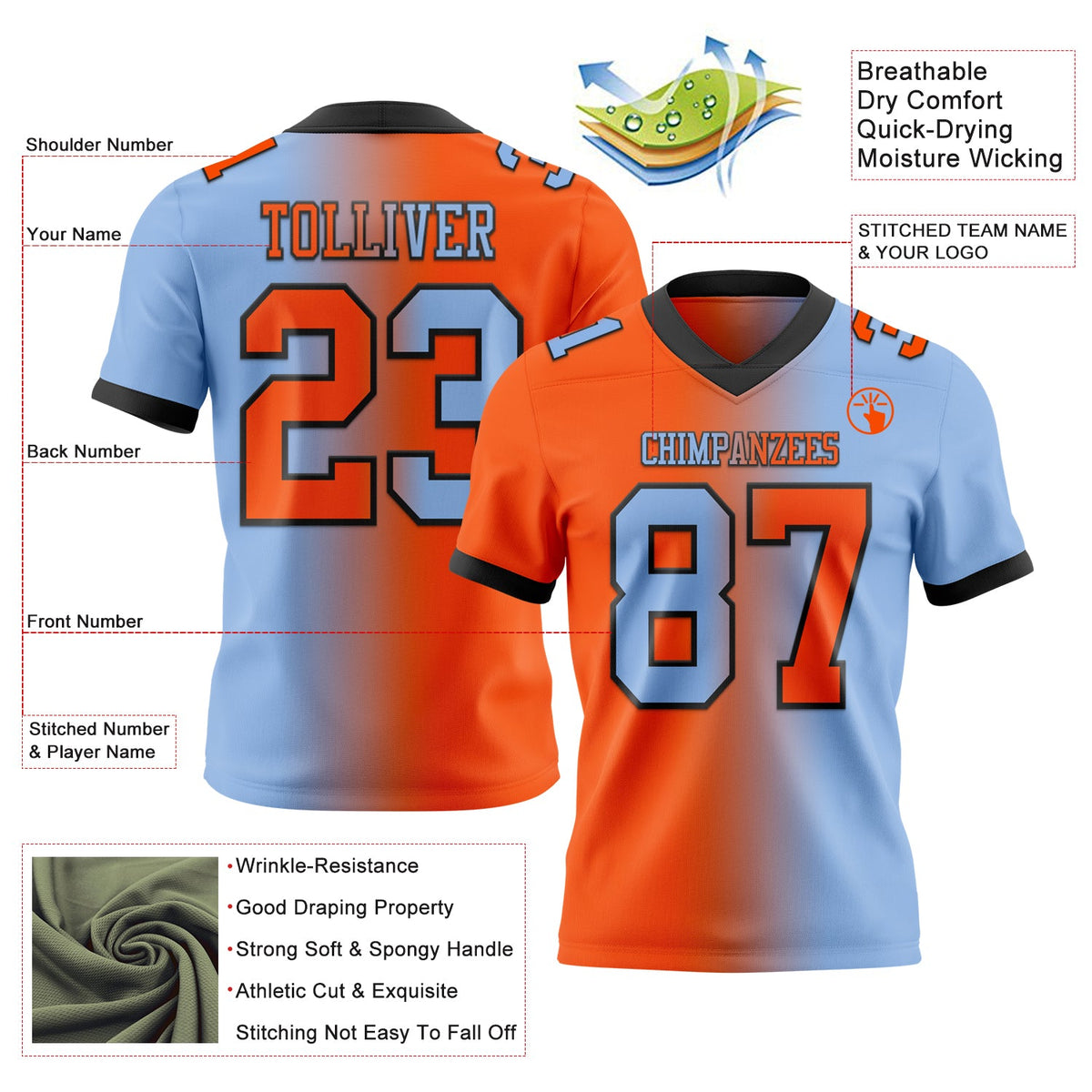 Custom Light Blue Orange-Black Authentic Gradient Fashion Football Jersey