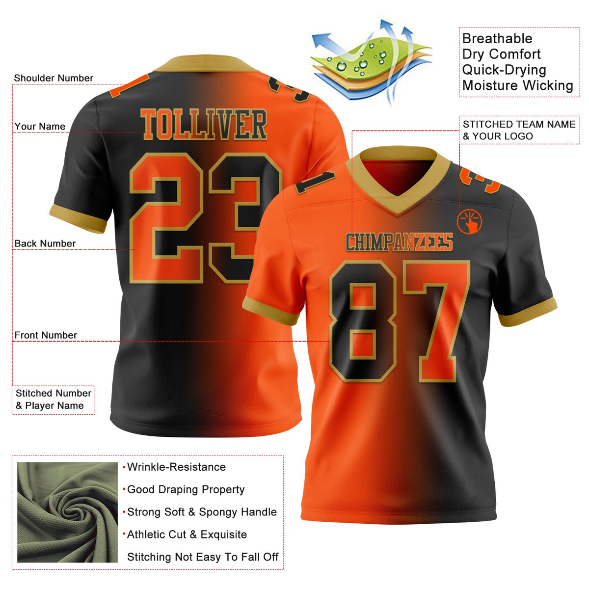 Custom Black Orange-Old Gold Authentic Gradient Fashion Football Jersey