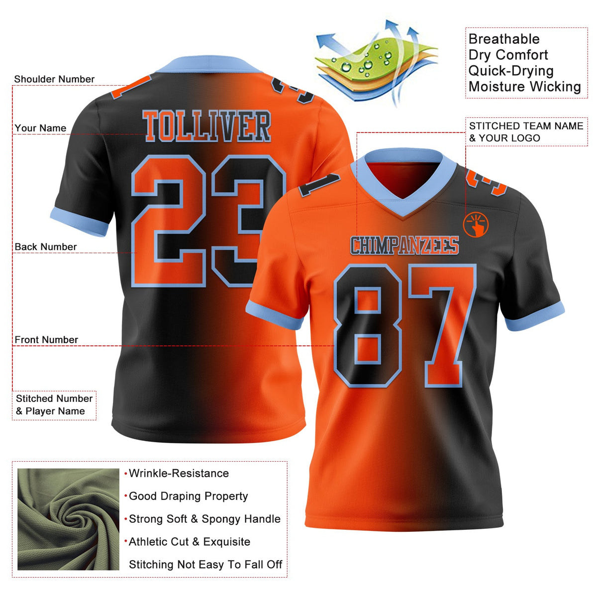 Custom Black Orange-Light Blue Authentic Gradient Fashion Football Jersey